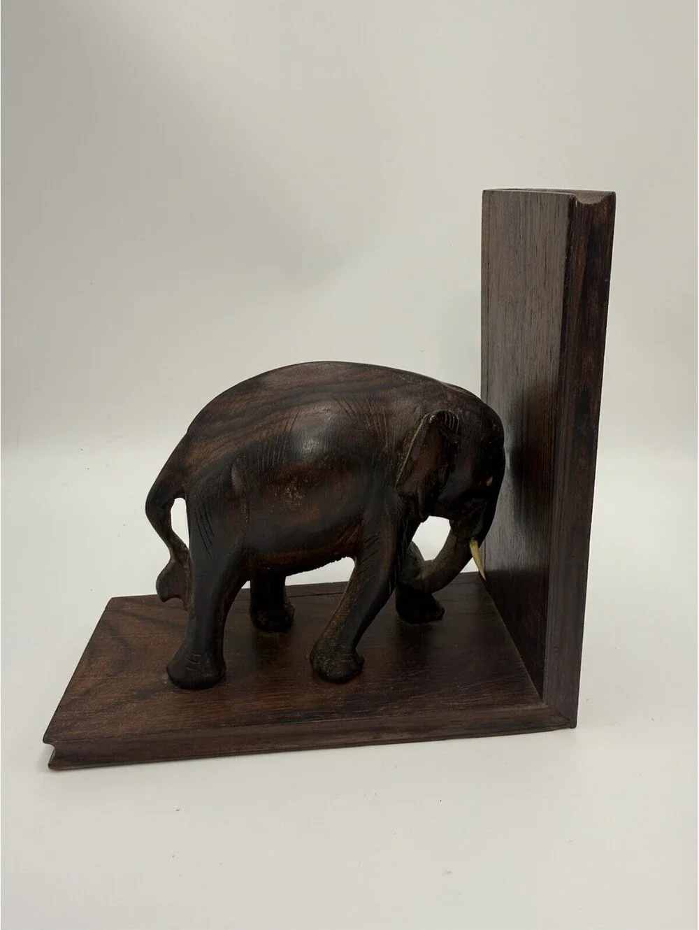 Vintage Hand Carved Wood Elephant Bookend Burl wood w/tusks